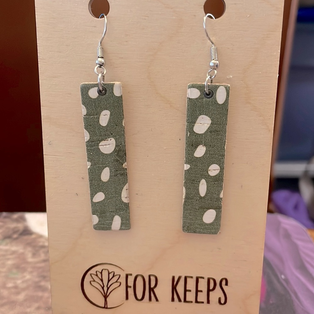 For Keeps- Leather Bar Earrings-Green Dot